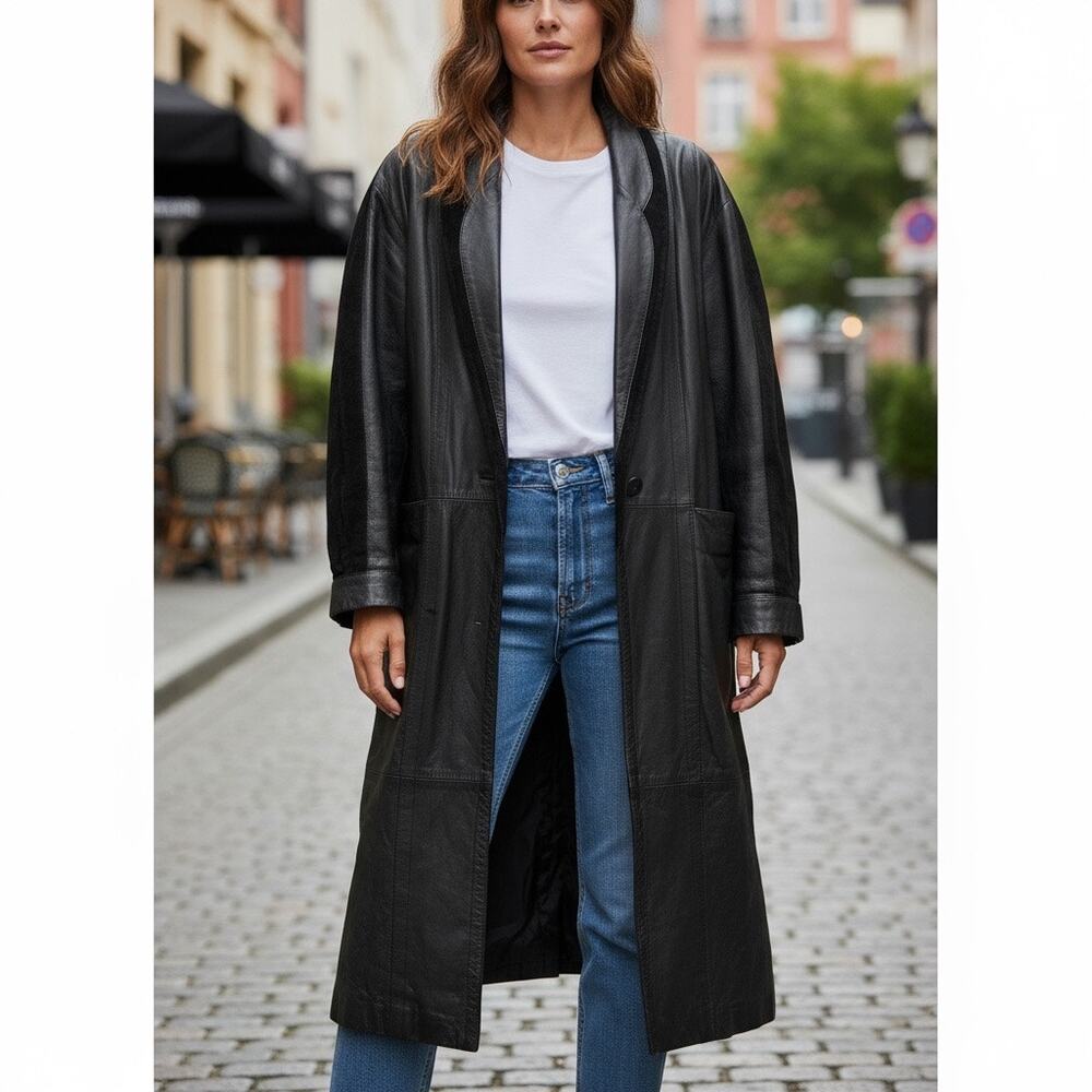 Marco Morani VTG Leather Coat Trench Womens Black SZ L Suede Trim Jacket Classic